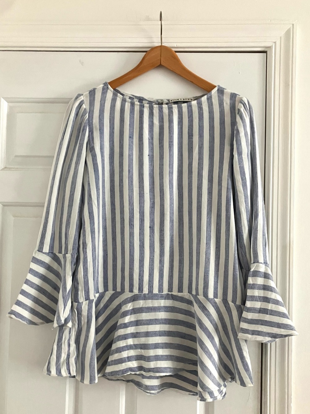 Alice+Olivia Blue and White Striped Linen Boho Coastal Peplum Blouse -Size Small